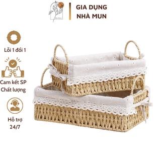 Giỏ mây lót vải CÓ QUAI vintage đựng đồ, giỏ đi picnic, để bàn decor đẹp mắt (Rổ cói lót vải)