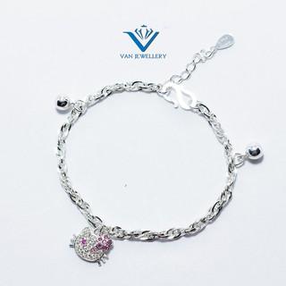 Lắc tay bạc lắc xoắn mix mặt mèo Hello Kitty đính đá cho bé Van Jewelry V10558