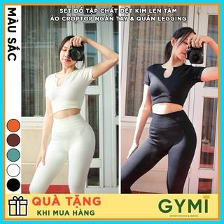 Set bộ đồ tập gym yoga nữ GYMI SET15 gồm áo croptop ngắn tay và quần legging dài thể thao chất dệt thun gân cao cấp