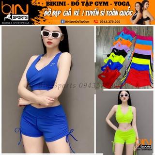 Set bộ đùi thể thao tập gym yoga nữ áo bra kèm mút quần đùi cạp chéo dây rút cao cấp Bin Sport BN023