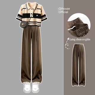 Quần ống suông rộng lưng cạp cao Qthouse , quần tây âu nữ vải culottes lưng thun co giãn