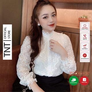 Áo sơ mi nữ ren bèo ngực dài tay đẹp hai lớp dáng suông cổ tròn trắng be đi làm đi chơi TNT