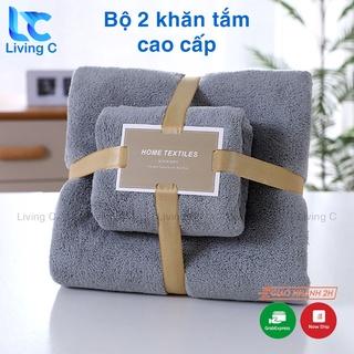 Bộ 2 khăn tắm lớn cao cấp Living C, khăn tắm lông cừu 70x140 và 35x75 lông mềm thấm hút tốt không rụng lông