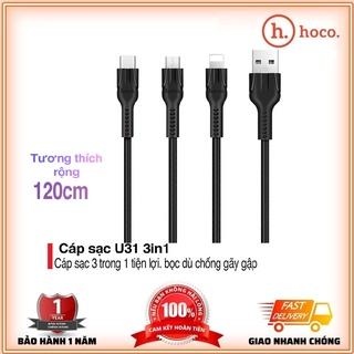 Dây Sạc Đa Năng 💎FREESHIP💎Cáp Sạc chính hãng Hoco U31- 3 Đầu ✓Dây Dù ✓Siêu Bền - BH 12 Tháng