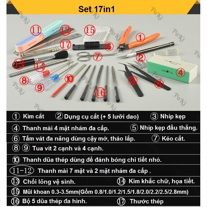 Bộ dụng cụ lắp ráp mô hình bao gồm những công cụ và vật liệu nào?