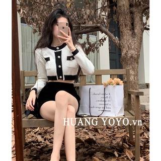 HUANG YOYO Áo khoác cardigan dệt kim tay dài dáng ngắn phối màu tương phản thời trang Hàn Quốc cho nữ 2023 Cho Nữ croptop