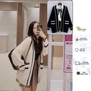 Áo Khoác Len Cardigan Nữ Dáng Dài Phom Rộng Viền Đen Trắng 2 Túi Cadigan Dệt Kim Phong Cách Hàn Quốc Khoác LenQuảng Châu