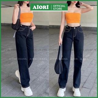 Quần Jeans Nữ AIORI Ống Rộng Lưng Cao Màu Đen Chỉ Nổi Lai Cuốn Kiểu Quần Bò Suông Trơn Phong Cách Thời Trang_Mã S3415