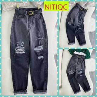 QUẦN BAGGY JEANS NỮ LƯNG CAO LOANG MÀU XÁM PHỐI RÁCH CÀO ĐÙI LAI CUỐN DÀY DẶN MỀM MỊN CAO CẤP NITIQC HOT HIT NÀNG ƠI