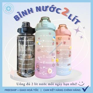 Bình nước 2 lít [ kèm Sticker] có vạch chia nhắc giờ dành cho người lười uống nước, bình đựng nước thể thao 2L