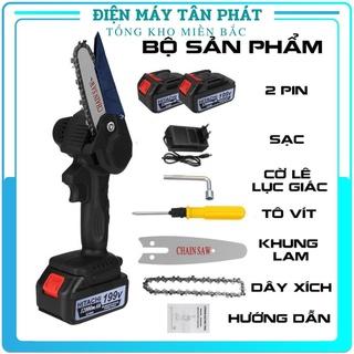 Máy cưa cắt gỗ cầm tay mini lưỡi xích lọng cắt tỉa cành cây Pin 10 cell Hitachi 199V, Lõi đồng 100%