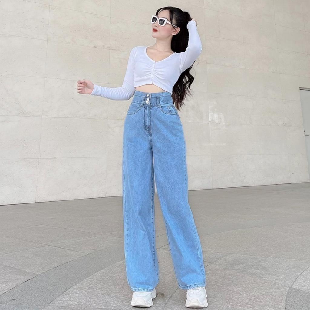 Quần jeans nữ ống rộng lưng có những kiểu dáng nào?