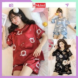 Đồ Bộ Nữ ❤️FREESHIP❤️ Bộ Đồ Ngủ Lụa pijama cộc tay mặc nhà cute hoạt hình họa tiết dễ thương BN23