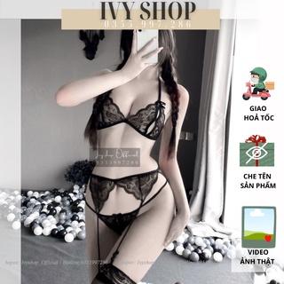 Bộ Đồ Lót Ren Lọt Khe Gợi Cảm, Bikini Ren Lưới Hở Đũng Sexy Gồm: Bra, Chip, Kẹp Tất, Tất Lưới Đùi - Mã 003 TKVN