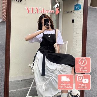 Set váy yếm đen trắng đầm nữ áo cộc tay croptop kèm váy 2 dây dài maxi dáng xòe kiểu dáng ulzaang hàn quốc hot trend