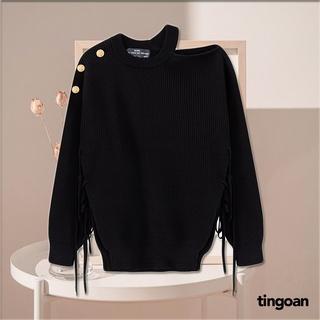 Áo len xù trễ vai một bên xẻ vạt buộc dây đen tingoan AFTER YOU SWEATER/BL