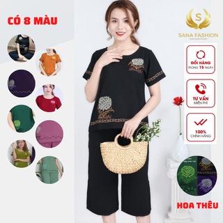 Đồ bộ trung niên nữ cho mẹ mặc nhà ống rộng lửng thêu cẩm tú cầu vải đũi mịn mát CTC01