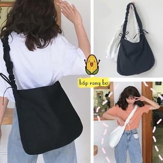 TÚI TOTE ĐEO CHÉO DÂY RÚT [CÓ KHÓA ZIP & TÚI CON] - VẢI CANVAS MÀU TRẮNG - ĐEN - PHONG CÁCH ULZZANG