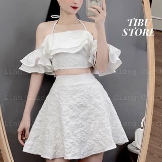 Set trễ vai cổ yếm TIBU, Áo croptop hở vai nữ kèm chân váy dễ thương màu trắng mặc đi chơi, siêu hot trend