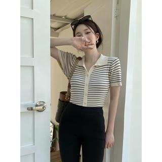 LALISAS Áo cardigan Dệt Kim Tay Ngắn Cổ POLO Họa Tiết Kẻ Sọc Thời Trang Hàn Quốc Cho Nữ