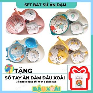 Combo bát sứ ăn dặm cho bé kèm khay mây tặng thìa báo nóng, chén ăn dặm set nhiều hình ngộ nghĩnh cho bé ăn dặm