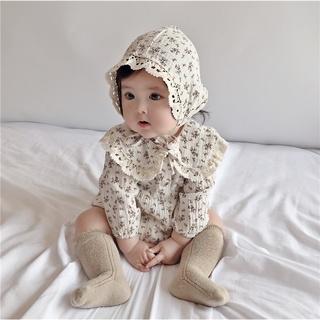 Bộ áo liền quần tay dài cổ búp bê và mũ vải cotton phối ren hoạ tiết bông hoa xinh xắn cho trẻ sơ sinh