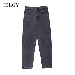 Quần jeans IELGY dáng thẳng mỏng ống rộng eo cao màu xanh dương phong cách retro cho nữ