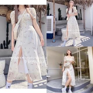 [Ảnh thật/Sẵn]Váy hoa nhúm ngực xẻ tà tay bồng/Đầm hoa Wedding dress