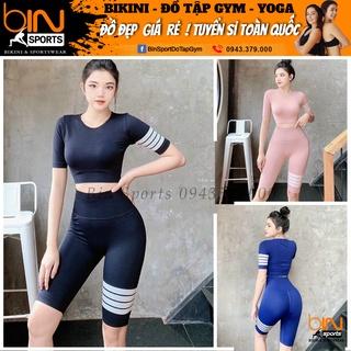 Set bộ đồ tập gym yoga nữ dệt kim áo crop ngắn tay, quần đùi ngố chun mông cao cấp Bin Sports BL023