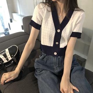 Áo Cardigan Dệt Kim Tay Ngắn Cổ Chữ V Dáng Rộng Màu Sắc Tương Phản Phong Cách Hàn Quốc Cho Nữ