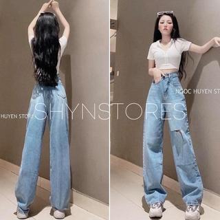 Quần jeasn nữ ống rộng Shynstores - quần jeans suông Unisex rách gối dáng dài vải dẹp freeship