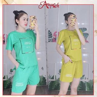 Đồ Bộ Nữ Mặc Nhà Anquachi Đẹp Thun Cotton Nữ Mặc Ngủ Ở Nhà Dễ Thương Quần Đùi Cute A048