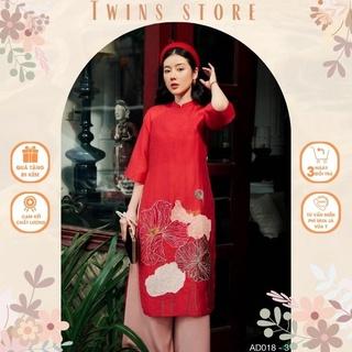 Áo dài cách tân KÈM QUẦN, áo dài nữ Twins Store dáng suông, chất tơ, thêu hoa - AD018