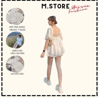 set bộ áo cổ vuông babydoll buộc dây lưng mix quần đùi chất đũi mềm mát màu trắng tiểu thư M.Store