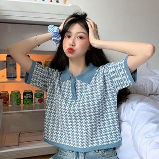 Áo dệt kim tay ngắn bâu sơ mi Áo croptop thun tay ngắn dáng rộng họa tiết kẻ ô nhiều màu thời trang Hàn Quốc cho nữ