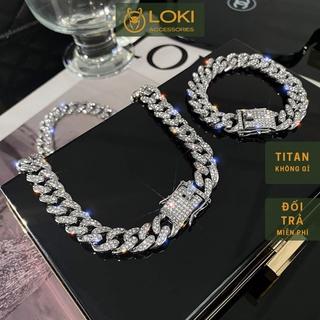 Vòng tay nam nữ, dây chuyền thời trang lắc tay unisex màu bạc Loki Accessories Titan không gỉ - Cuban đá