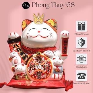 Mèo thần tài vẫy tay Phong Thủy 68, Mèo tài lộc may mắn Maneki neko Nhật Bản mini bằng gốm sứ 20 cm