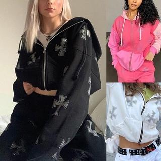 Áo Khoác Hoodie Dài Tay Dáng Rộng Có Dây Kéo Đính Đá Phong Cách Harajuku Dành Cho Nữ