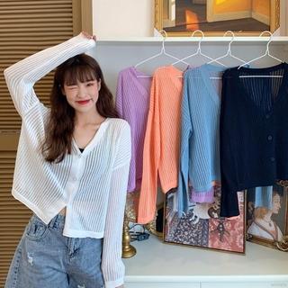 Áo Khoác Cardigan Dệt Kim Mỏng Tay Dài Cổ Chữ V Thiết Kế Xinh Xắn Cho Nữ