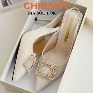 Giày cao gót nữ đính Đá mũi nhọn 8cm CHIBAMY, Giày Hậu gót nhọn chất da mềm mã H01