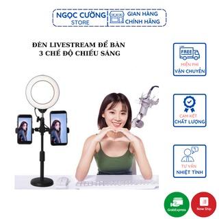 Đèn livestream để bàn, tích hợp giá đỡ kẹp 2 điện thoại, kiêm đèn led 3 chế độ màu quay video bán hàng, chụp ảnh make-up