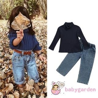 Áo Len Cổ Lọ Tay Dài Màu Trơn + Quần Denim Thời Trang Mùa Thu Cho Bé Gái 2-7 Tuổi