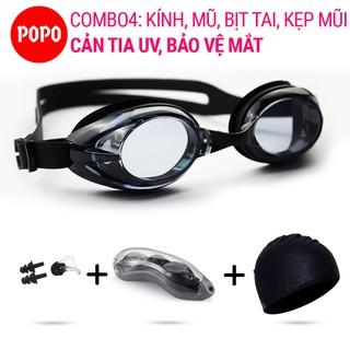 Kính bơi người lớn nam nữ chính hãng POPO Set1153 kèm mũ bơi trơn, bịt tai kẹp mũi với mắt kiếng bơi chống tia UV