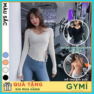 Áo tập gym yoga nữ dài tay GYMI AD09 dáng phủ bụng chất liệu thun len tăm xẻ eo sexy co giãn