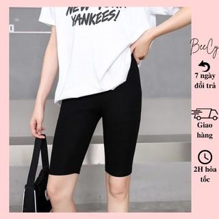 Quần legging lửng ngố đùi nữ BeeCy cạp chun bản to vải thun màu đen chất dày dặn form biker ôm ngắn tập gym yoga mã LG01