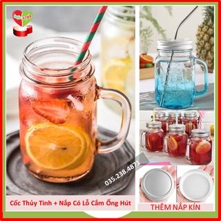 Cốc Thủy Tinh Có Nắp Và Quai, Ly Uống Nước Có Lỗ Cắm Ống Hút 480ml - Loại Đẹp Và Dày Dặn