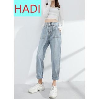 QUẦN BAGGY JEAN NỮ LƯNG CAO 2 NÚT 2 TÚI HỘP TRƯỚC ĐĨA CHÉO MÀU XANH NHẠT, LAI CUỐN CAO CẤP HADI CHUẨN CƯNG NÀNG XINH