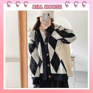 Áo cardigan len nữ dày sọc đen trắng có túi kẻ kim cương Ulzzang Hàn Quốc