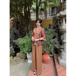 Bộ Đồ Lam Đi Chùa Mẫu 3 cúc Họa Tiết Bộ Phật Tử Pháp Phục Đi Chùa Tay Lỡ Chất Lụa Gấm Cao Cấp Màu Nâu Vân Gỗ