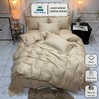 Bộ chăn ga gối cotton cao cấp Hàn Quốc họa tiết kẻ ngang, Bộ ga trải giường kèm vỏ chăn, vỏ gối nhiều màu